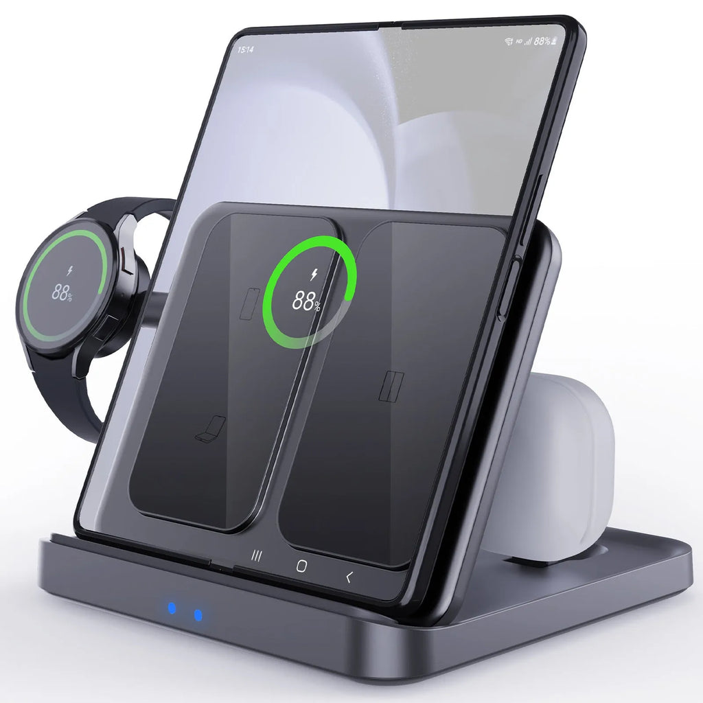 White three-in-one wireless charger with foldable bracket holding a folded smartphone