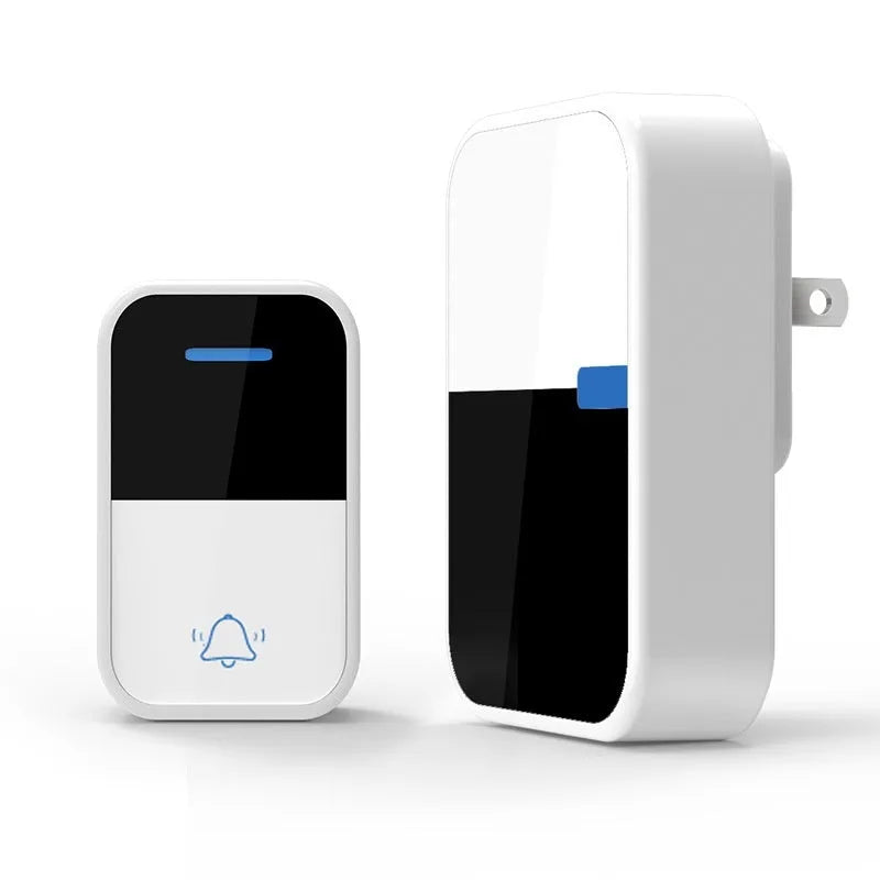Modern white plastic wireless doorbell kit with receiver and beeper units on a plain background.