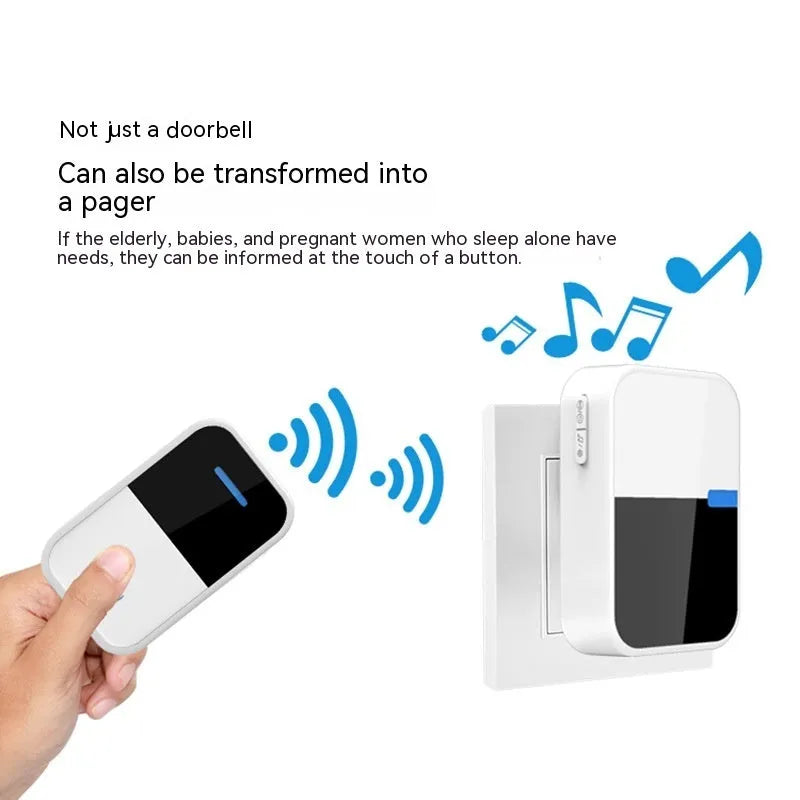 Modern white plastic wireless doorbell kit with receiver and beeper units on a plain background.