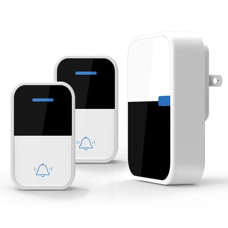 Modern white plastic wireless doorbell kit with receiver and beeper units on a plain background.