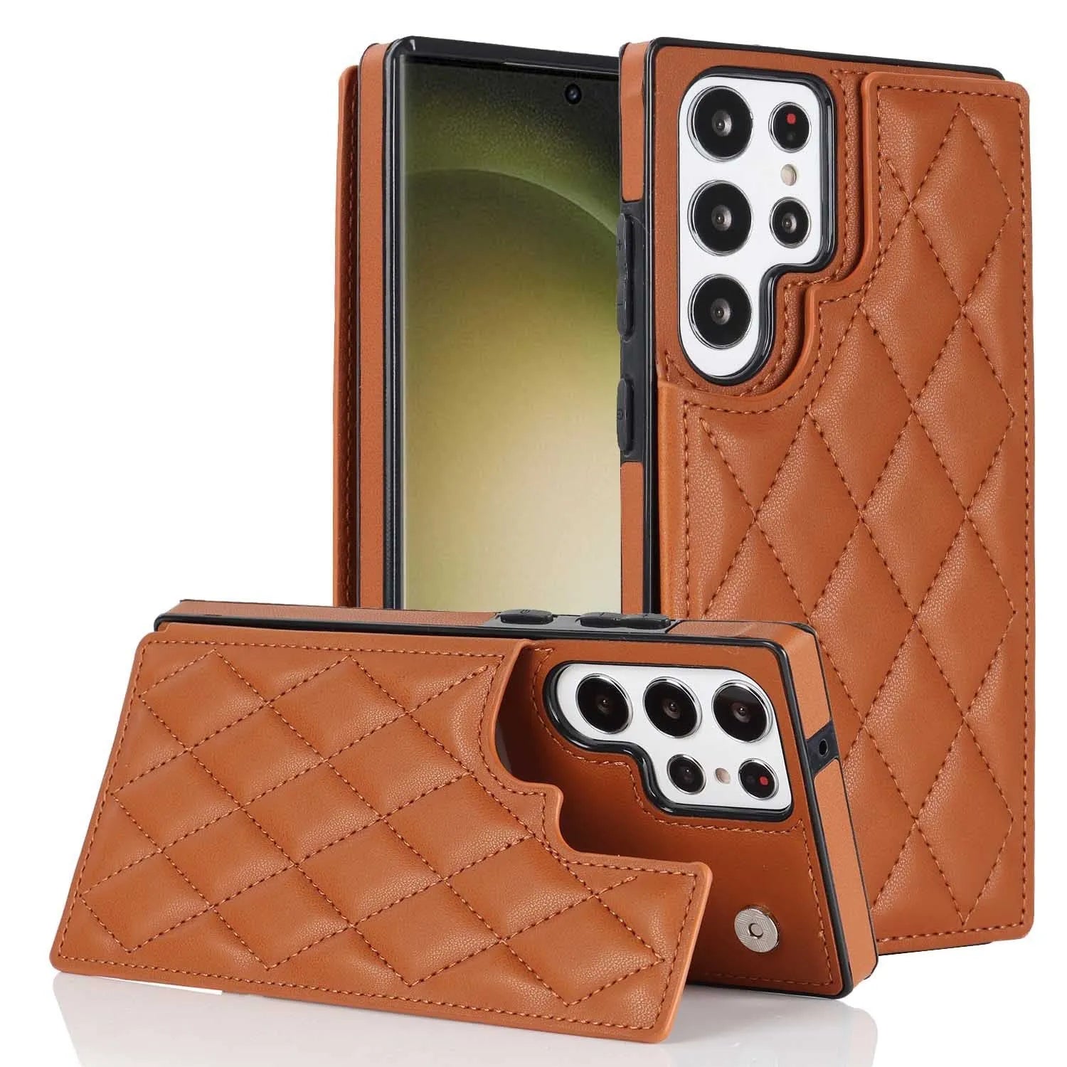 Samsung plaid double buckle phone case with card slots and kickstand, black colour, on white background