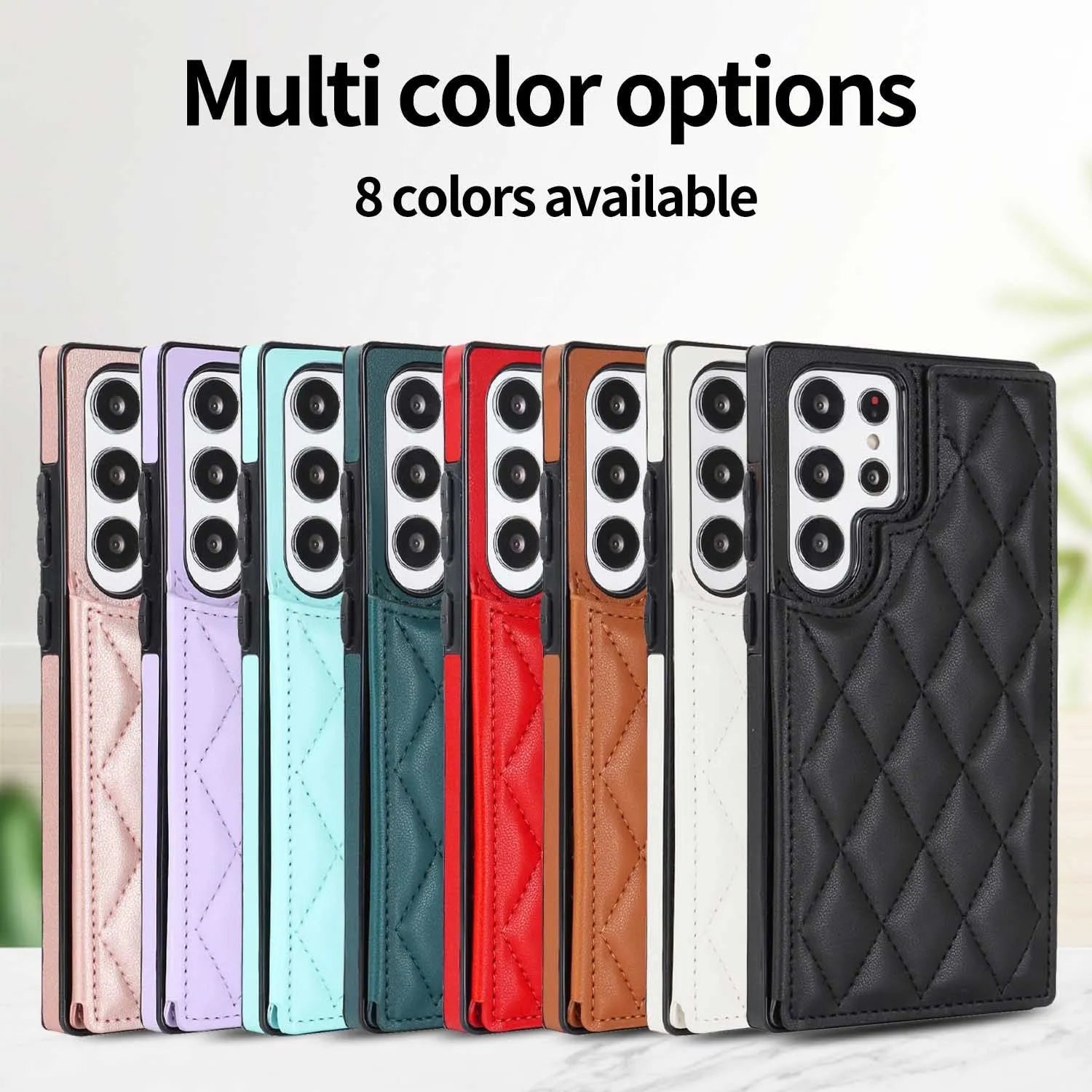 Samsung plaid double buckle phone case with card slots and kickstand, black colour, on white background