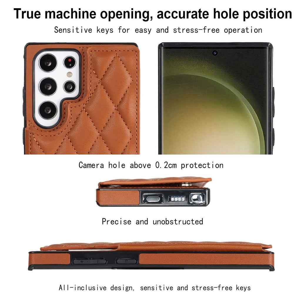 Samsung plaid double buckle phone case with card slots and kickstand, black colour, on white background