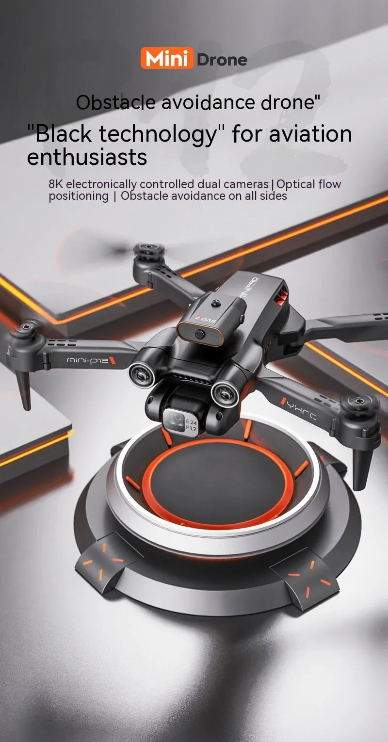 Black and orange remote-controlled quadcopter drone with four propellers, shown folded and unfolded.
