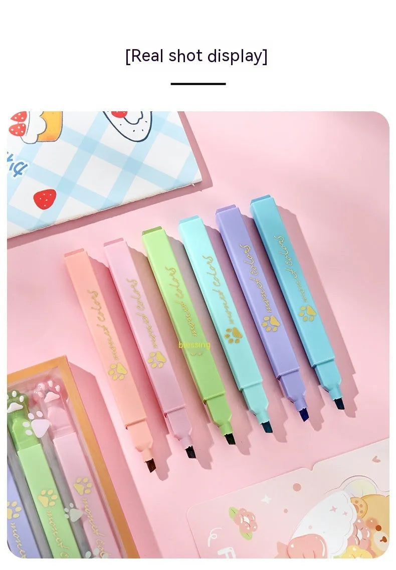 Cat's Paw fluorescent marker pen set of six with oblique heads in assorted colours