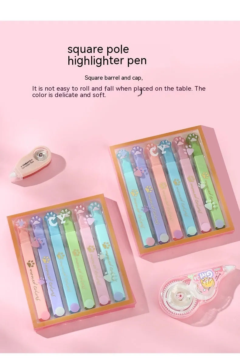 Cat's Paw fluorescent marker pen set of six with oblique heads in assorted colours