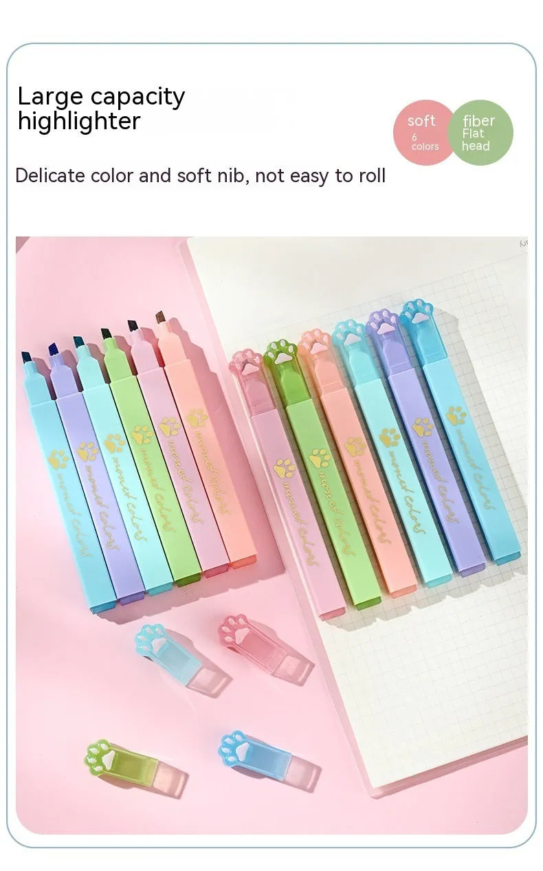 Cat's Paw fluorescent marker pen set of six with oblique heads in assorted colours