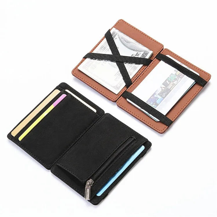 PU leather magic wallet open showing flip card holder and zippered coin purse in one of five colours.