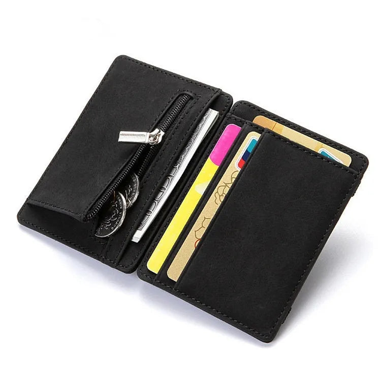 PU leather magic wallet open showing flip card holder and zippered coin purse in one of five colours.