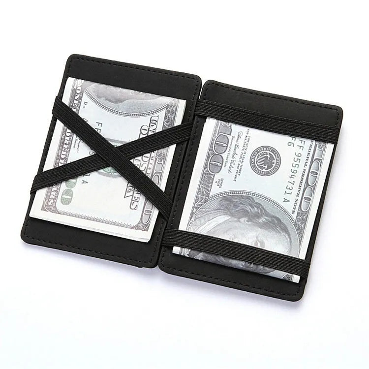 PU leather magic wallet open showing flip card holder and zippered coin purse in one of five colours.