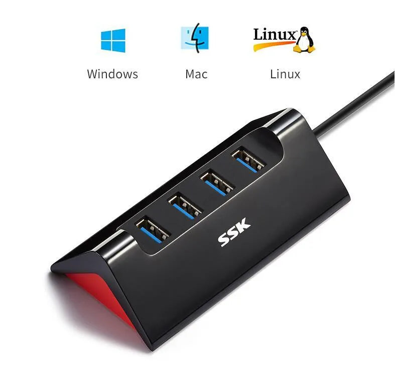Black USB expansion dock with four ports and Micro USB power interface