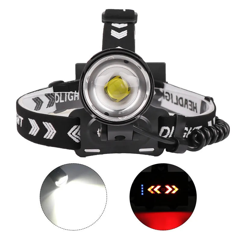 Black USB rechargeable headlight with telescopic zoom lens and head strap