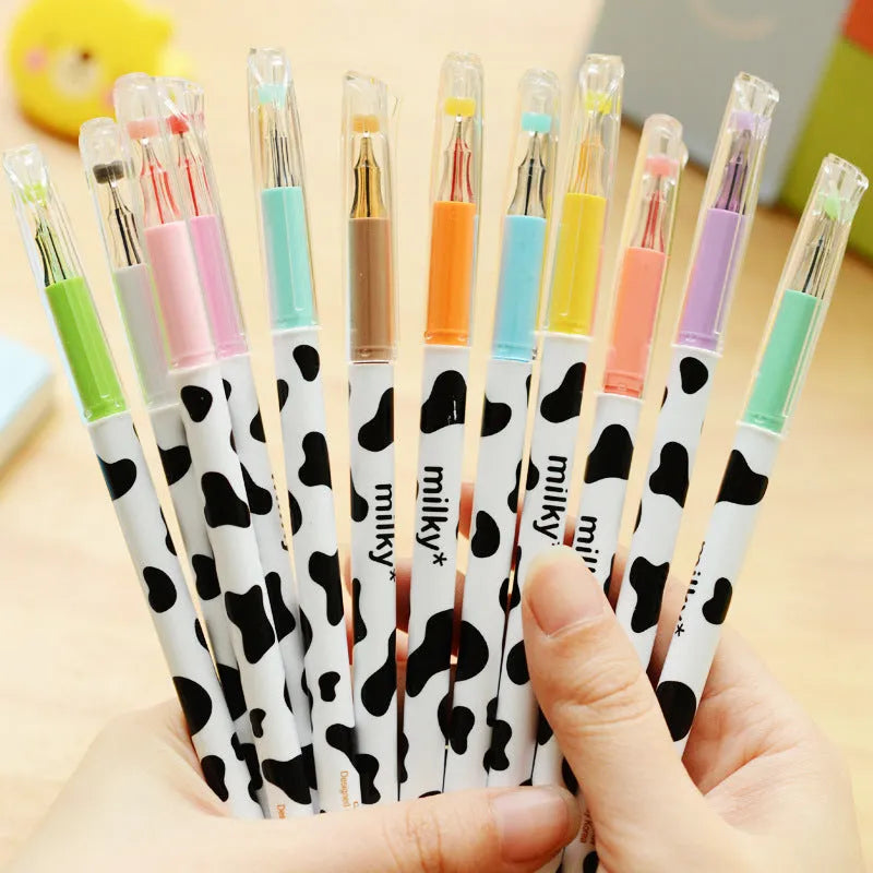 Cow pattern gel pen with 0.38mm tip showing twelve different colour options for office use