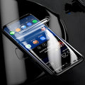 Purple light coloured hydrogel screen protector for curved-edge Samsung Galaxy phones on a table.