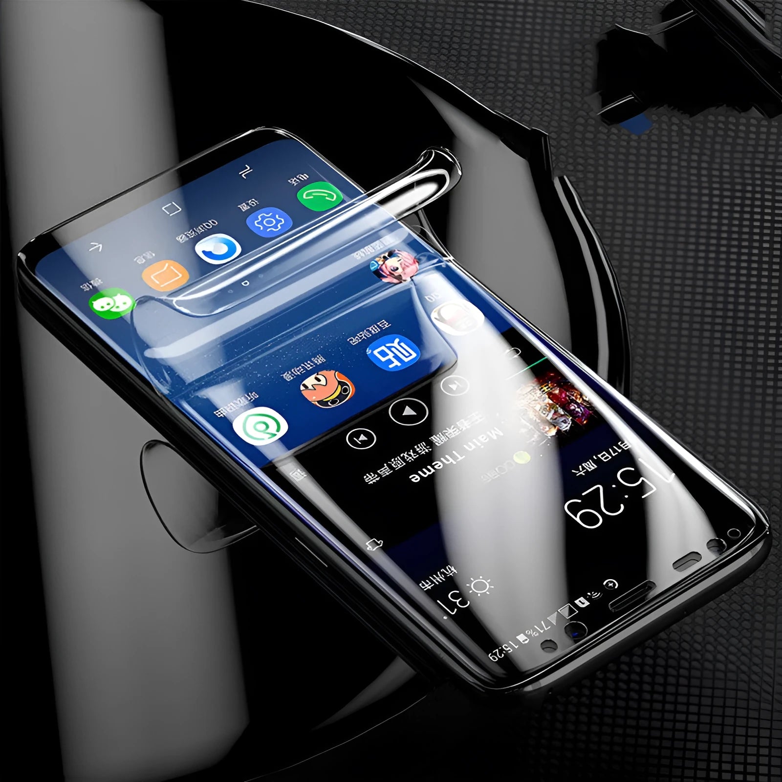 Purple light coloured hydrogel screen protector for curved-edge Samsung Galaxy phones on a table.