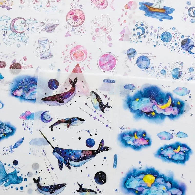 Hand account sticker set with fantasy stars design on Japanese paper, measuring 10.5 by 14.1 cm
