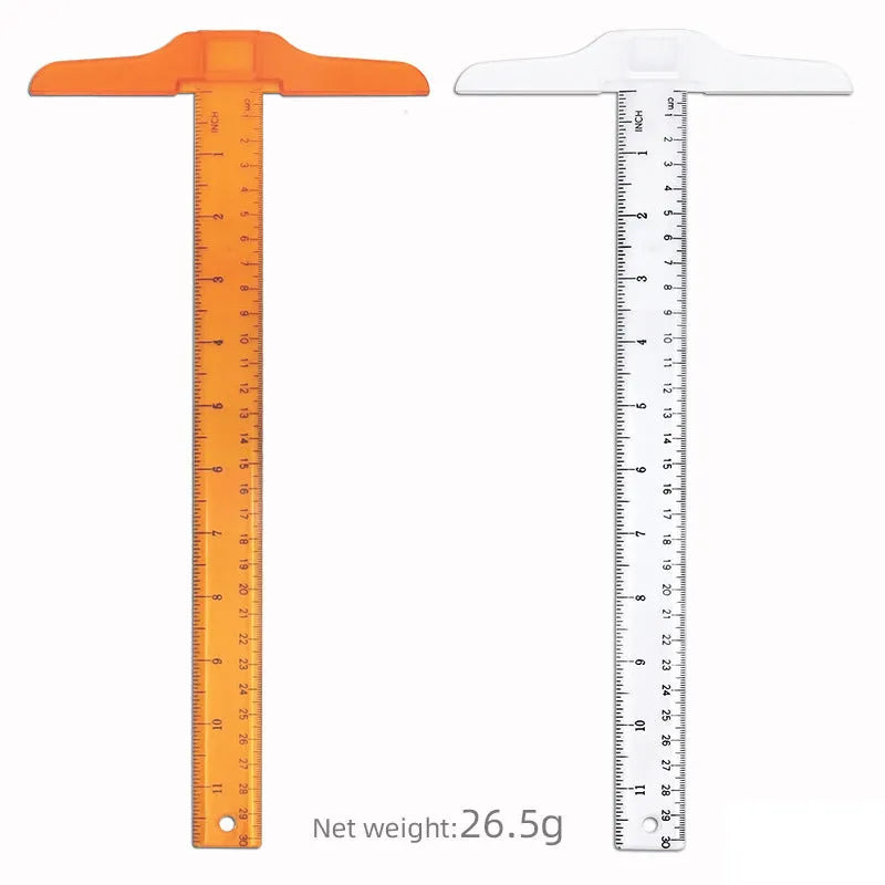 30cm T-shaped plastic ruler in transparent or orange yellow with measurement scales