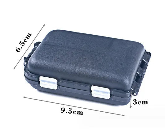 Plastic fishing tackle storage box with ten compartments in black, blue, or green.