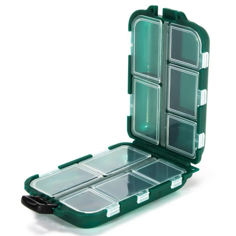 Plastic fishing tackle storage box with ten compartments in black, blue, or green.