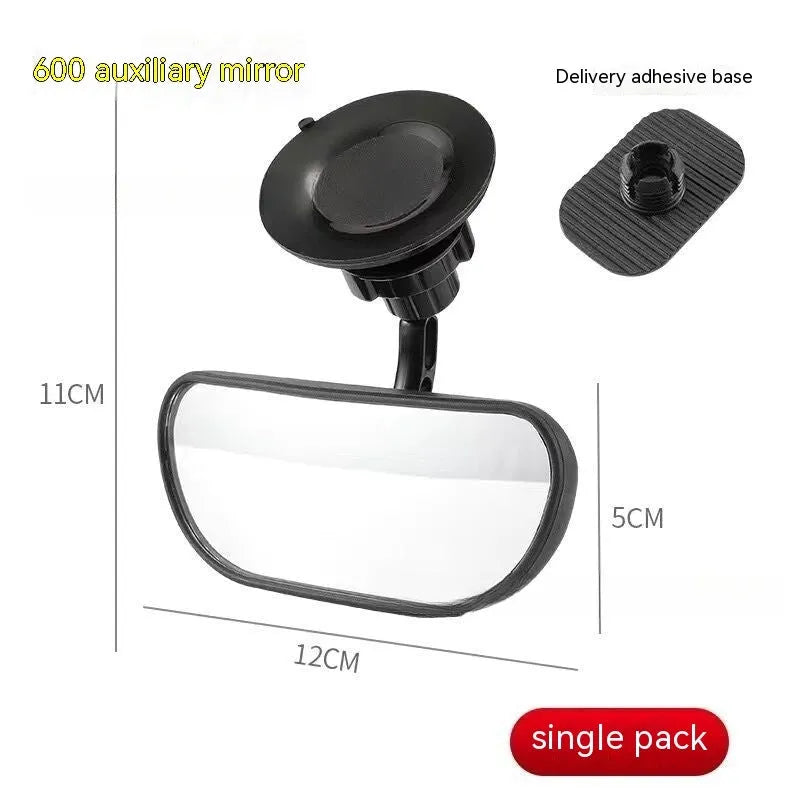 Black 360-degree rotation car rearview mirror with ABS glass, universal fit with sucker mount option