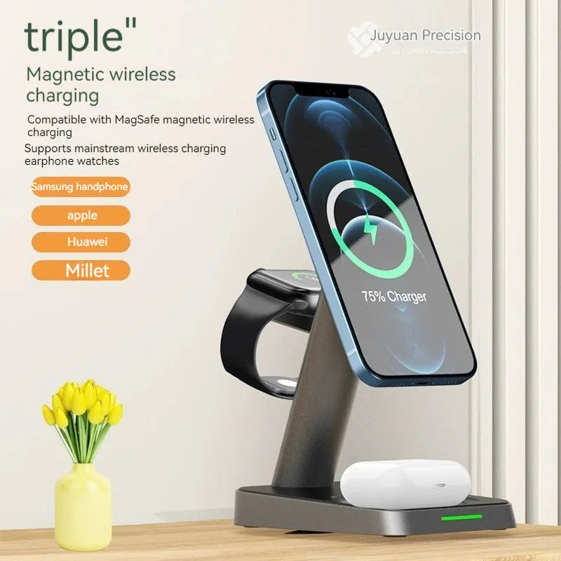 Black vertical three-in-one wireless charging station with 10000mAh power capacity