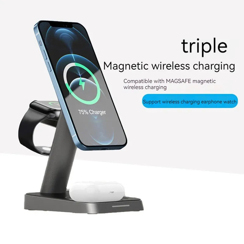 Black vertical three-in-one wireless charging station with 10000mAh power capacity