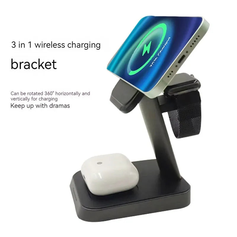Black vertical three-in-one wireless charging station with 10000mAh power capacity