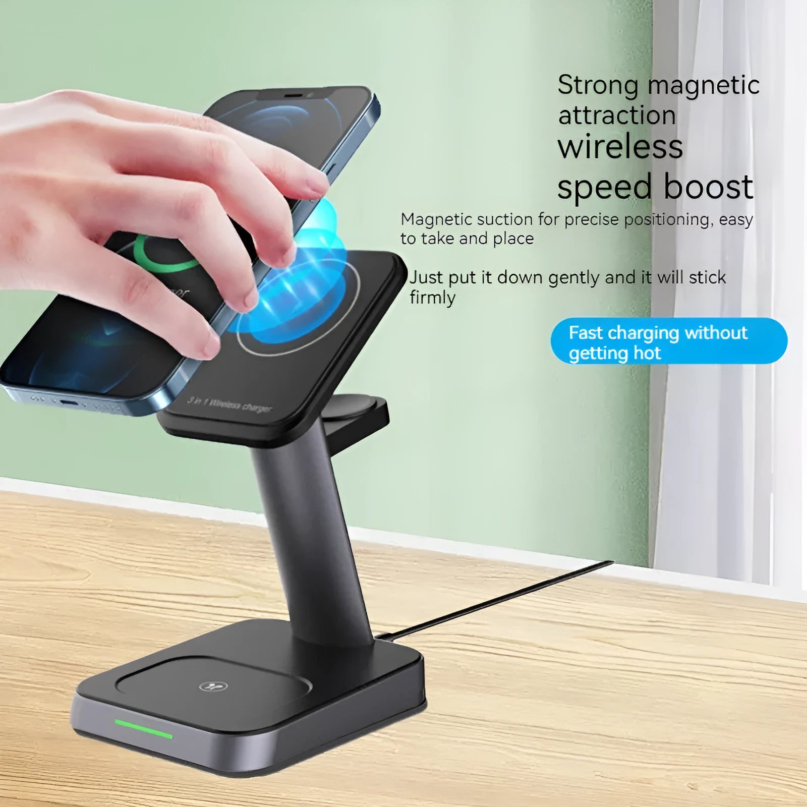 Black vertical three-in-one wireless charging station with 10000mAh power capacity