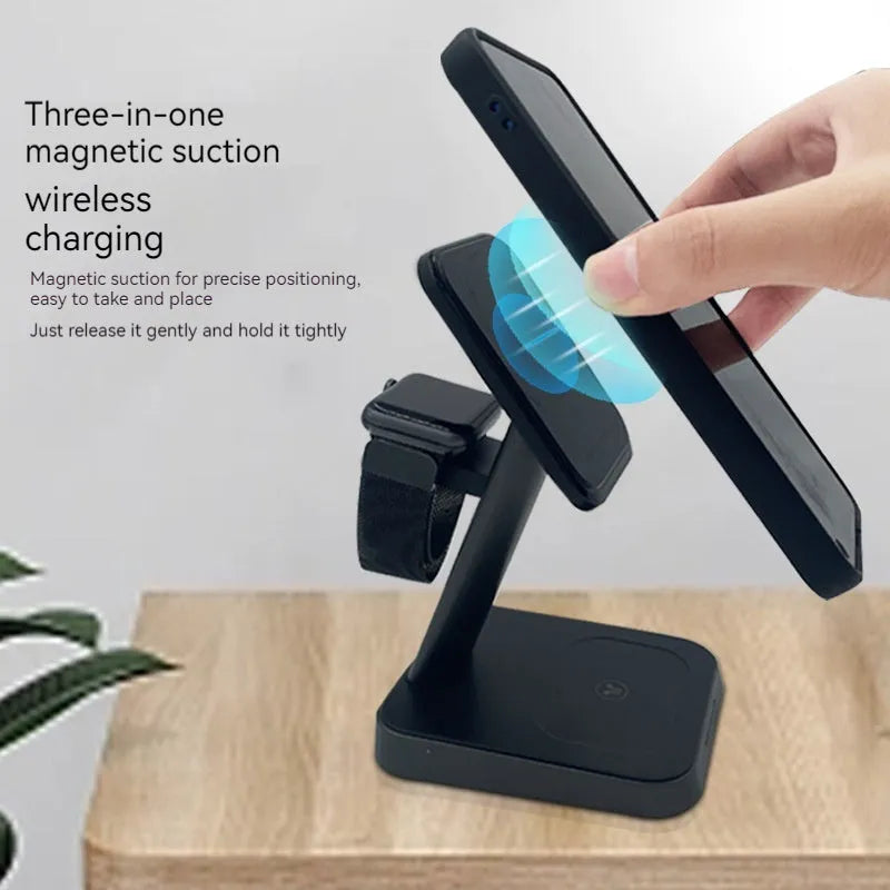 Black vertical three-in-one wireless charging station with 10000mAh power capacity