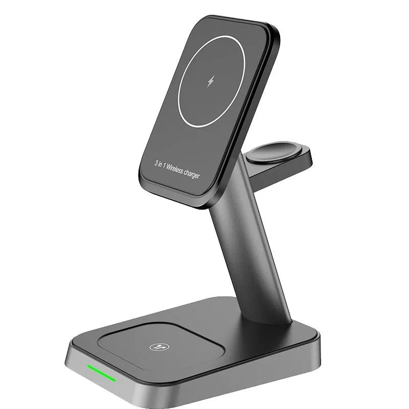 Black vertical three-in-one wireless charging station with 10000mAh power capacity