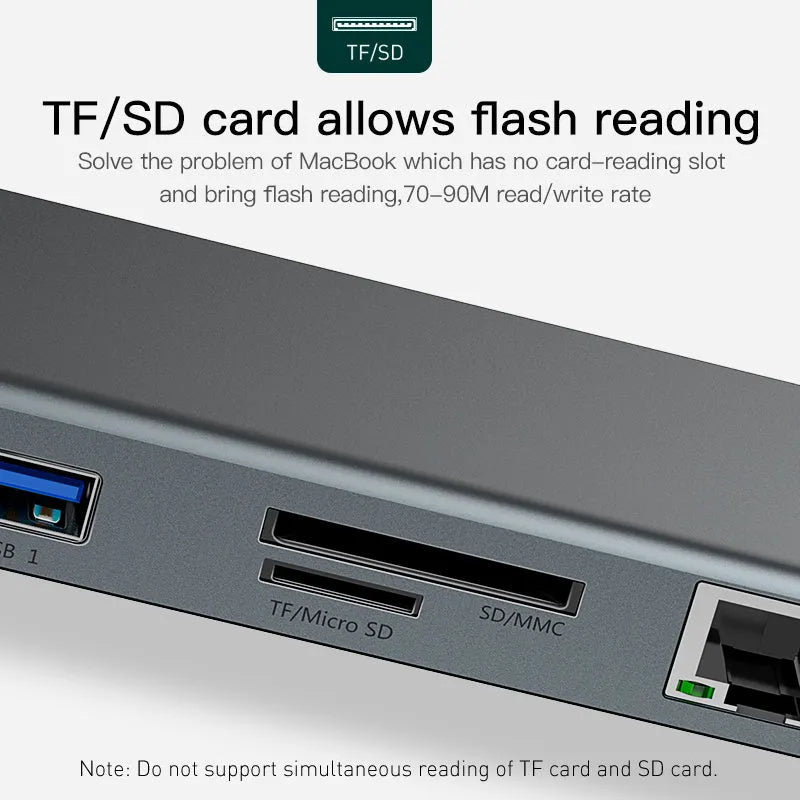 Grey aluminium alloy USB C hub docking station with cooling bracket showing ten ports including HDMI and VGA