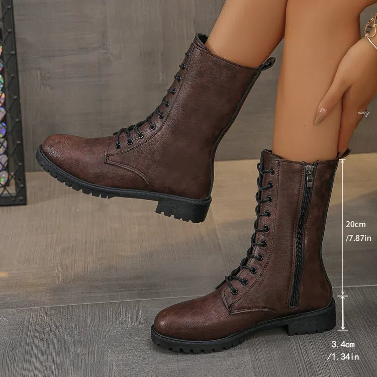 Women's flat mid-calf lace-up boots in brown with hollow design and lace-up front