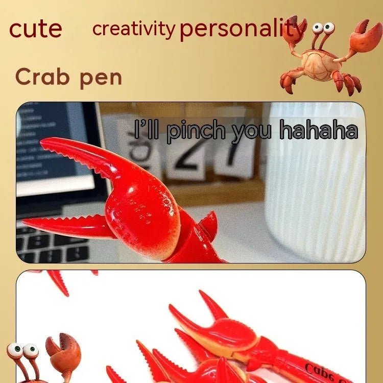 Close-up of a ballpoint pen with a red crab-shaped clip featuring a pressable can mechanism.