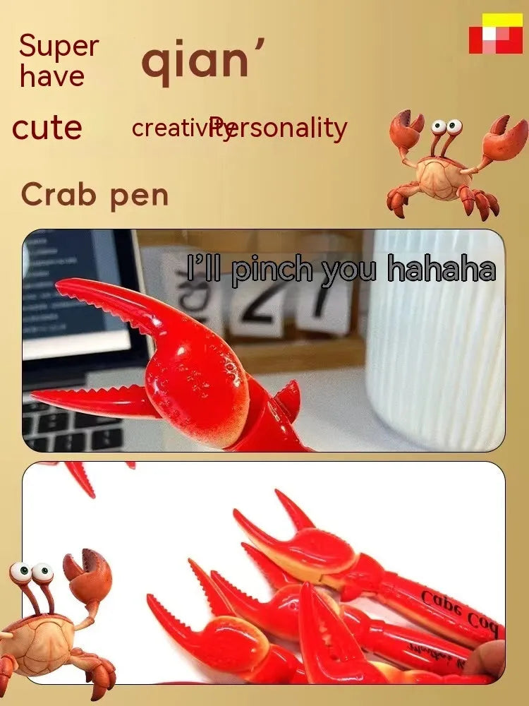 Close-up of a ballpoint pen with a red crab-shaped clip featuring a pressable can mechanism.
