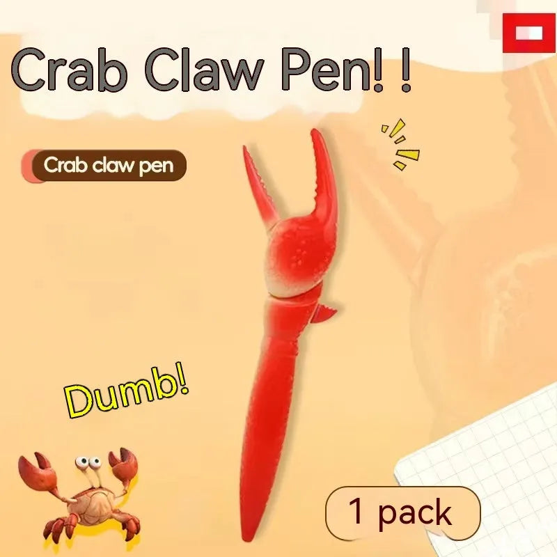 Close-up of a ballpoint pen with a red crab-shaped clip featuring a pressable can mechanism.