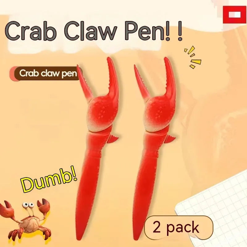 Close-up of a ballpoint pen with a red crab-shaped clip featuring a pressable can mechanism.