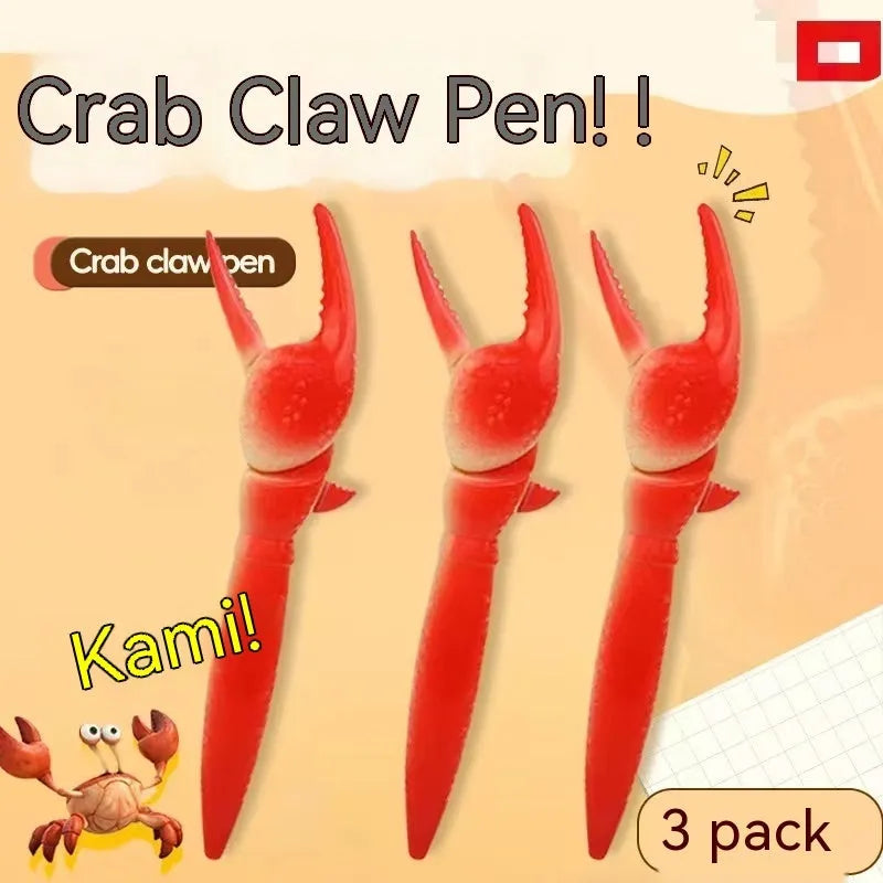 Close-up of a ballpoint pen with a red crab-shaped clip featuring a pressable can mechanism.