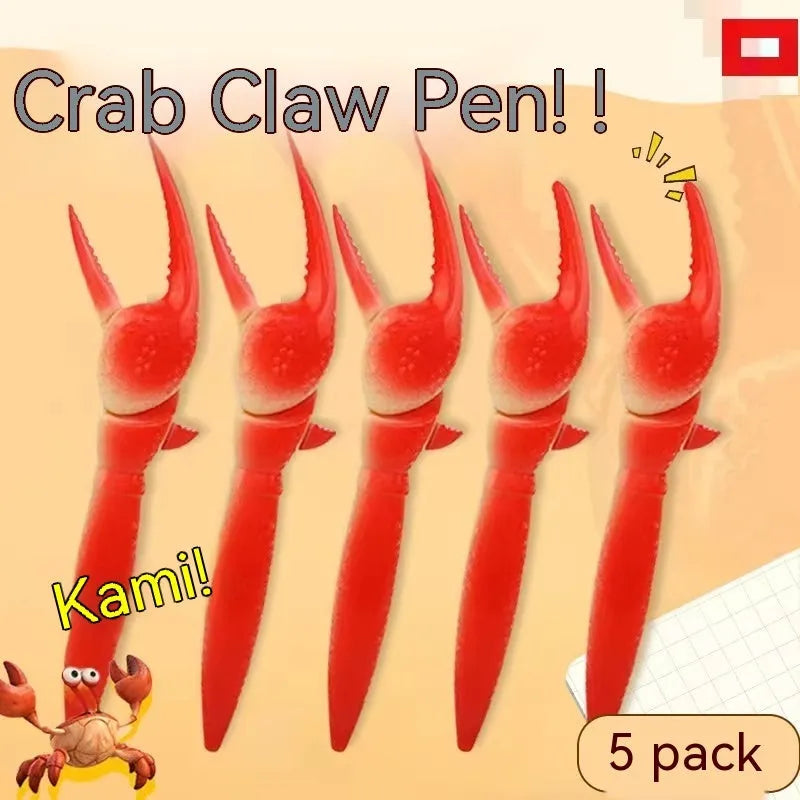 Close-up of a ballpoint pen with a red crab-shaped clip featuring a pressable can mechanism.