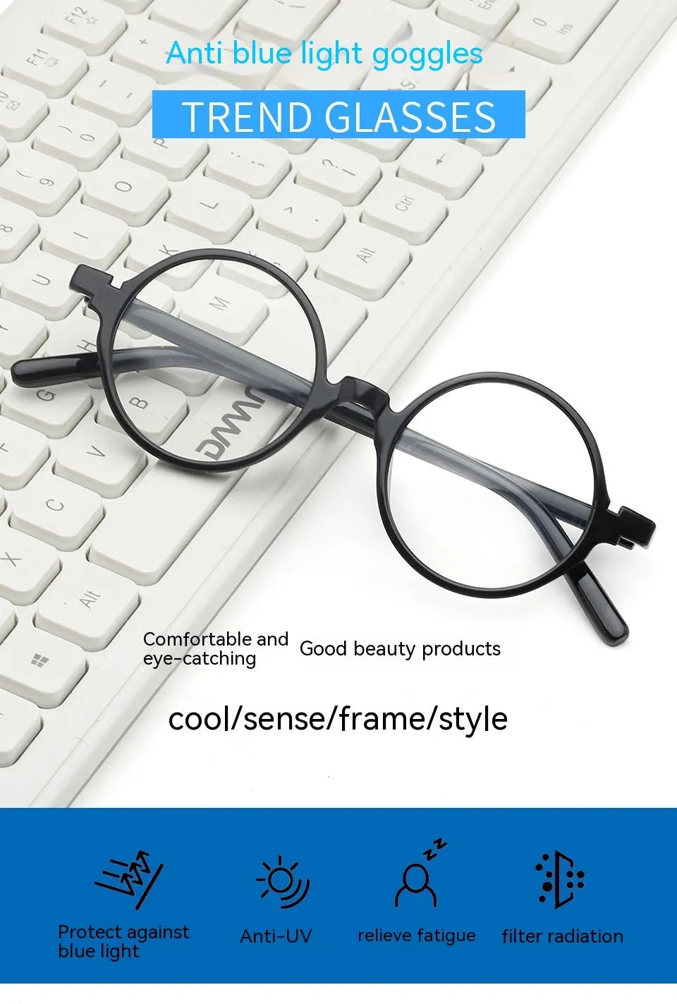 Retro round fashion glasses with flat mirror lenses in four colour options