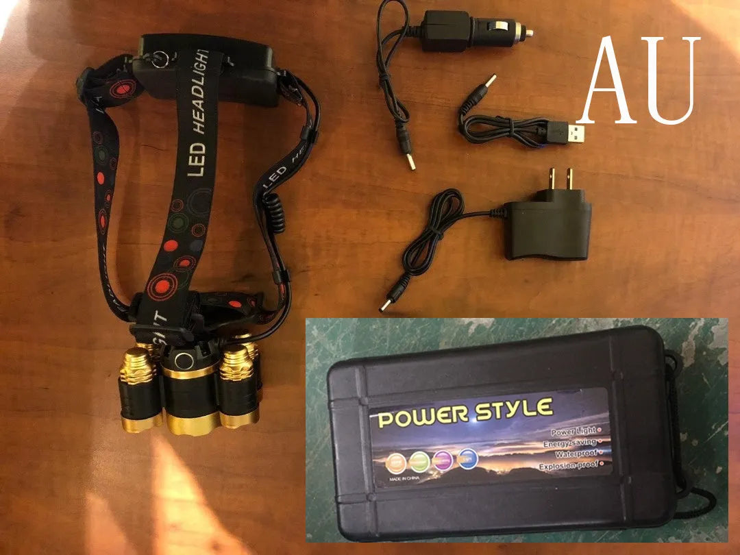 Gold or silver LED head torch with adjustable focus and head strap, shown with optional sensor switch and 18650 batteries.