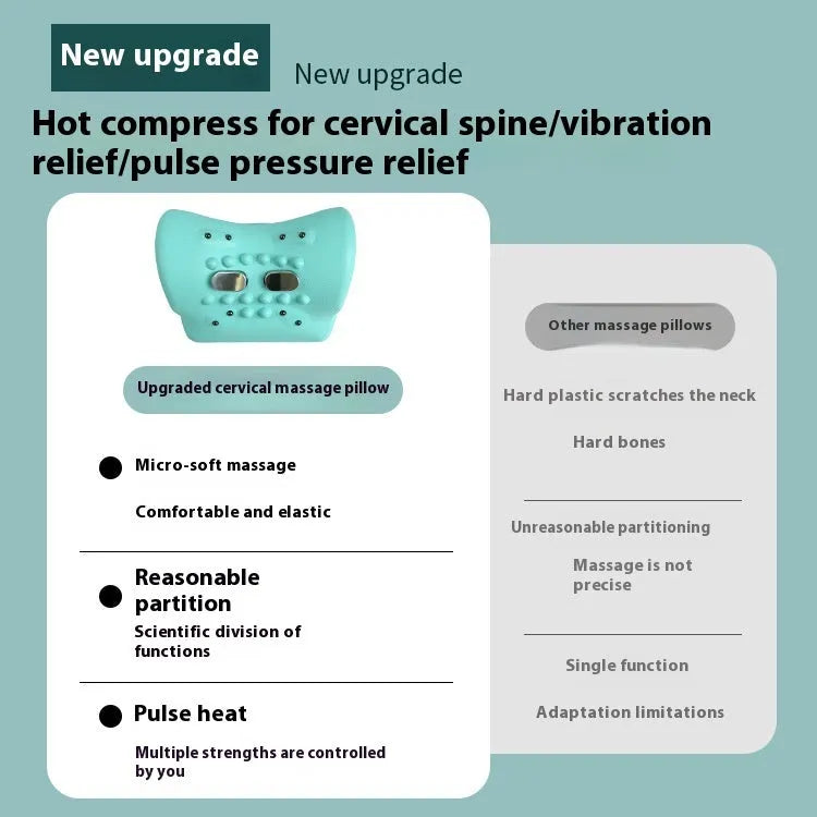Blue-green portable EMS massage pillow for neck and shoulders with hot compress.