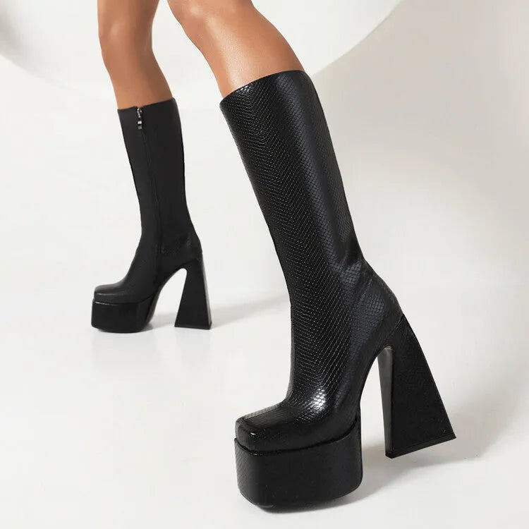 Women's casual high boots in artificial PU leather, shown in black, red, blue, and white colour options.
