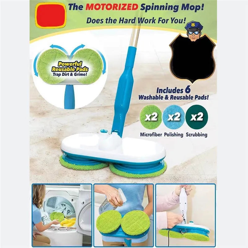 Handheld wireless electric floor mop with USB charging port and set of microfiber, scrubbing, and polishing pads.