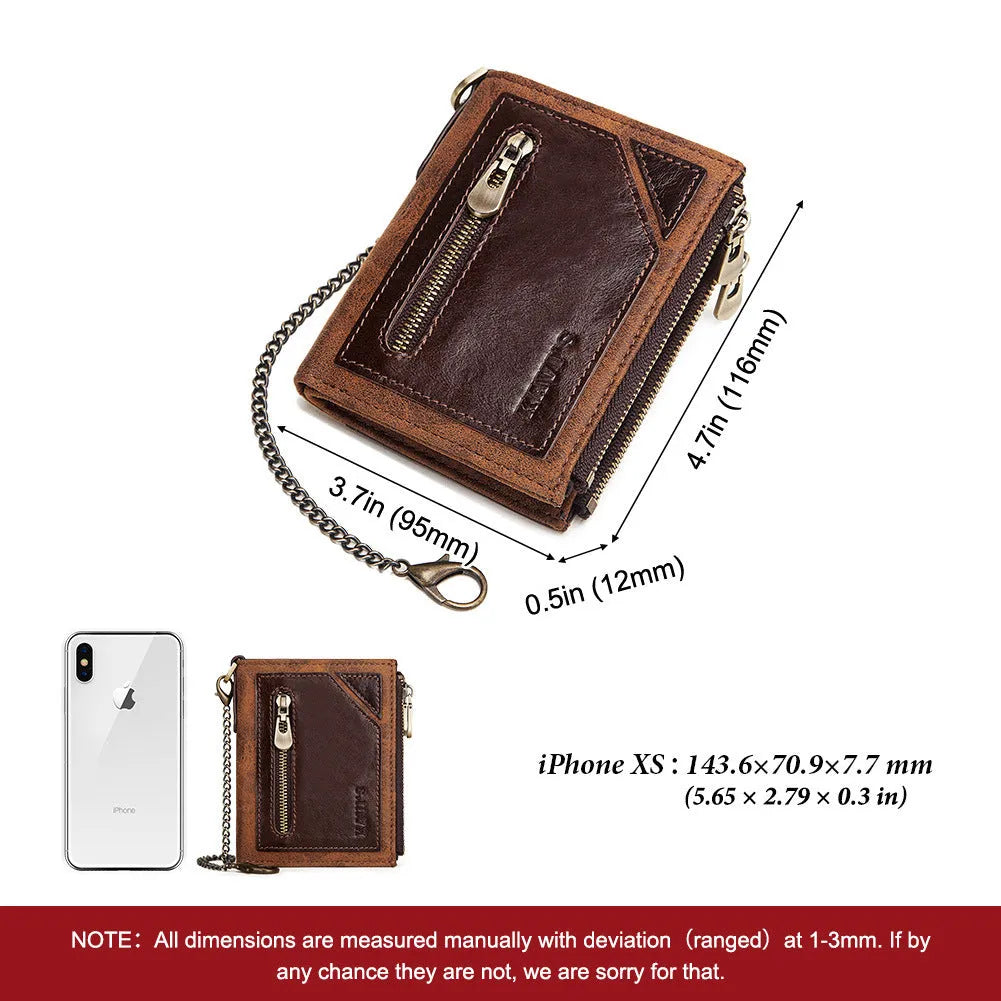 Dark brown men's genuine leather wallet with chain detail and RFID anti-theft protection.