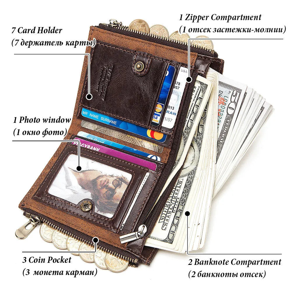 Dark brown men's genuine leather wallet with chain detail and RFID anti-theft protection.