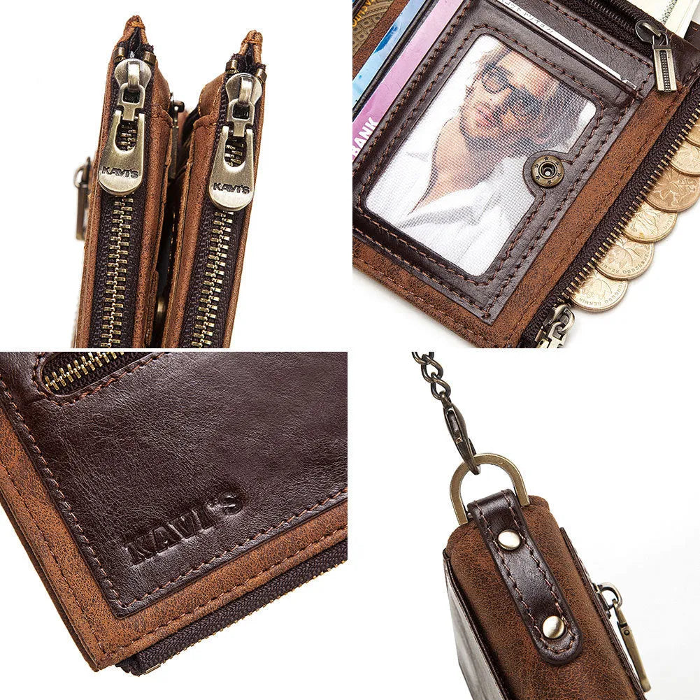 Dark brown men's genuine leather wallet with chain detail and RFID anti-theft protection.