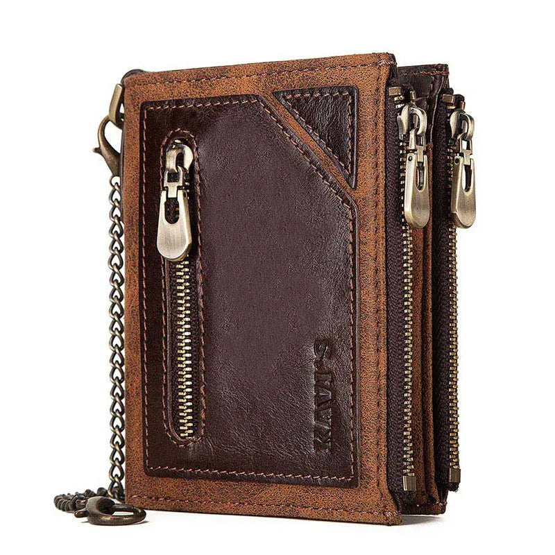 Dark brown men's genuine leather wallet with chain detail and RFID anti-theft protection.
