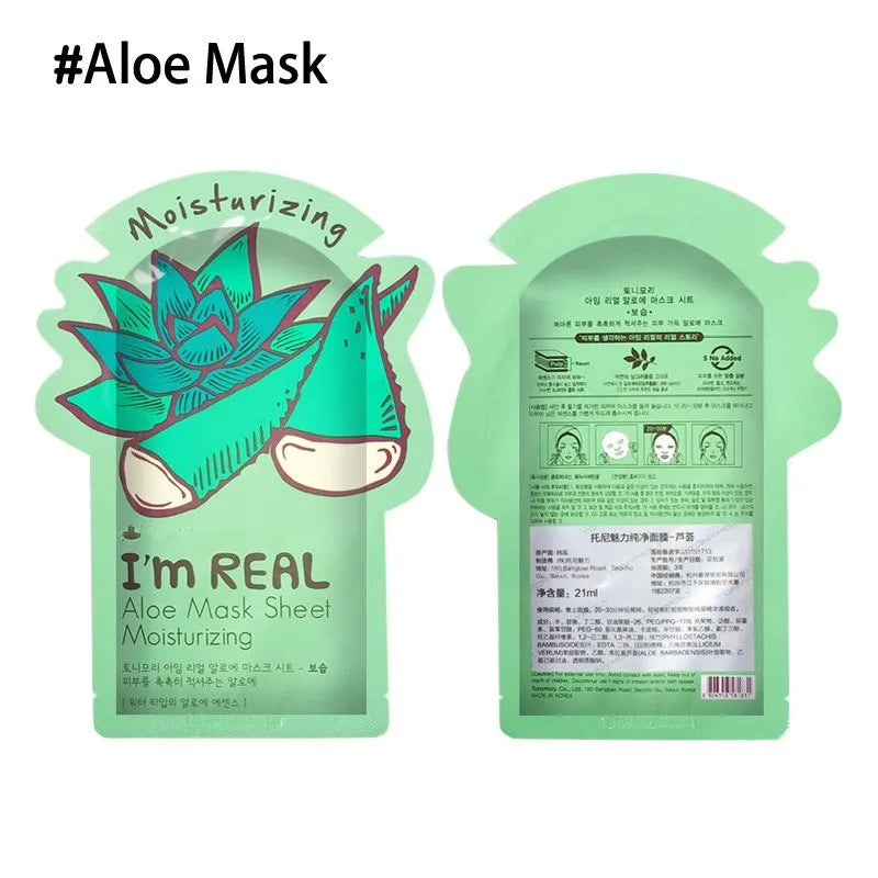 I'm REAL Korean sheet face mask in aloe, avocado, and honey variants, 10-piece packs, for moisturising and oil control