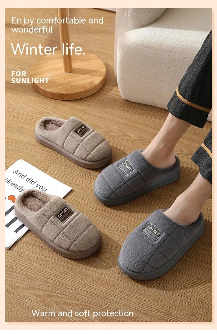 Men's plaid rabbit hair slippers with thick EVA sole and artificial wool lining in brown colour.