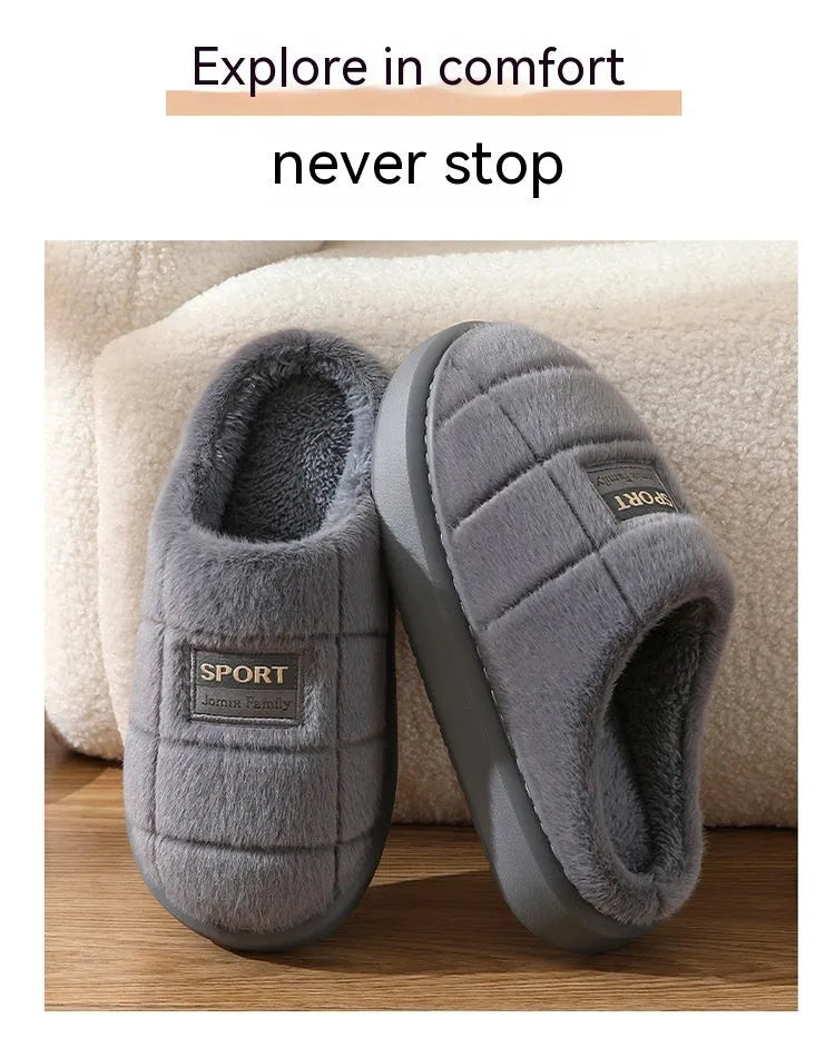 Men's plaid rabbit hair slippers with thick EVA sole and artificial wool lining in brown colour.